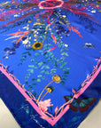 Royal blue ‘Flourish’ floral silk scarf with sunflowers and wildflowers