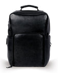 Premium black leather backpack for adventure and travel, handcrafted from recycled full-grain cowhide, spacious 20L capacity with detachable laptop sleeve, antique brass hardware, durable eco-friendly design by Bethikal at brixbailey.com