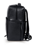 Premium black leather backpack, handcrafted from recycled full-grain cowhide, eco-friendly and durable for travel, work, and daily use by Bethikal at brixbailey.com