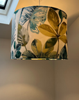 Rainforest velvet in green and blue, drum lampshade /ceiling shade with a white lining