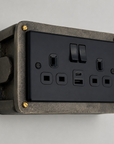 Matt Black Double Gang Plug Socket with Industrial Antique Brass Back Conduit Box
