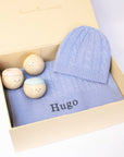 CABLE KNIT CASHMERE AND SENSORY BALLS - CORNFLOWER BLUE