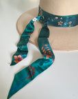 Teal Silk satin 'Morpho' Ultra Skinny silk scarf with butterflies and flowers