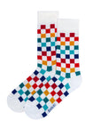 Colorful checkered socks, premium cotton blend, stylish checkerboard pattern, best-selling playful design, sizes 4-8 UK by Body and I at brixbailey.com