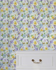 Yellow Butterfly Wallpaper with Purple Blossoms