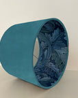 Teal velvet drum lampshade/ ceiling light shade with blue leaves paper interior