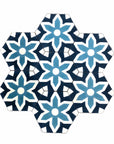 Luxury black and white hex cement tiles, stylish fleur pattern for bathroom and kitchen floors, premium handcrafted mosaic design by Maria Starling Design at brixbailey.com