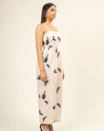 Denise printed strapless linen dress with back slit, elasticated back, zipper opening, upcycled fabric, machine washable by Bethikal at brixbailey.com