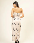 Denise printed strapless dress, upcycled linen with back slit, elasticated back, zipper opening, regular fit, machine washable by Bethikal at brixbailey.com