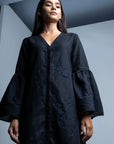 Luxury black upcycled cotton Mitsy applique dress, handcrafted bell sleeves, front placket, sustainable stylish limited edition by Bethikal at brixbailey.com