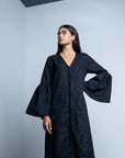 Luxury black upcycled cotton Mitsy applique dress, bell sleeves, front placket, sustainable stylish limited edition by Bethikal at brixbailey.com