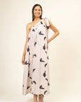 Luxury upcycled modal viscose blend cream printed dress, handcrafted ethically in India, limited edition Daryl style, stylish patchwork details by Bethikal at brixbailey.com