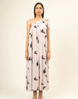 Luxury upcycled modal viscose blend cream printed dress, handcrafted with unique doodlage print, limited edition sustainable fashion by Bethikal at brixbailey.com