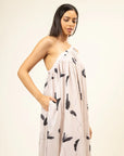 Premium upcycled modal viscose blend dress, cream printed, limited edition, ethically made in India, unique patchwork design by Bethikal at brixbailey.com