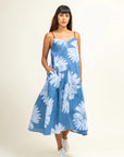 Luxury batik floral dress, handcrafted blue and white upcycled cotton, adjustable straps, side pockets, artisan made in India by Bethikal at brixbailey.com