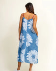 Luxury handcrafted batik floral dress, blue and white upcycled cotton, artisan made in India, stylish adjustable straps, side pockets by Bethikal at brixbailey.com