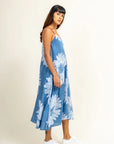 Luxury batik floral dress, handcrafted blue and white upcycled cotton, adjustable straps, side pockets, artisan-made in India by Bethikal at brixbailey.com