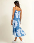 Luxury batik floral dress, handcrafted blue and white upcycled cotton, adjustable straps, side pockets, artisan made in India by Bethikal at brixbailey.com