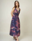 Women's purple printed dress by August with waist ruching and pockets at www.brixbailey.com