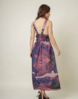 Women's purple printed dress by August with waist ruching and side pockets at www.brixbailey.com