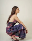 Luxury strappy purple dress with waist ruching, side pockets, upcycled cotton, handcrafted in Delhi, sustainable fashion, best-selling by Bethikal at brixbailey.com