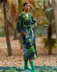 Luxury oversized green printed dress, sustainable upcycled cotton, handcrafted one-of-a-kind, drawstring waist, side pockets, long length by Bethikal at brixbailey.com