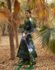 Luxury oversized printed green dress, sustainable upcycled cotton, drawstring waist, side pockets, long length, ethically made in India, limited edition by Bethikal at brixbailey.com