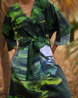 Luxury oversized printed green dress, sustainable upcycled cotton, handcrafted one-of-a-kind, long length, drawstring waist, side pockets by Bethikal at brixbailey.com