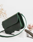 Leather Baguette Handbag with Two Straps in Moss