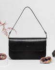 Black Leather Baguette Bag with Two Straps