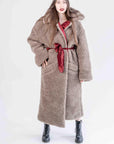 Oversized Woolen Coat with Maroon Silk Lining - Beige