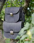 Natural Leather Large Saddle Bag in Grey