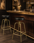 Antique Brass & Black Leather Adjustable Bar Stool
