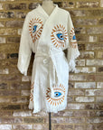 Organic Kimono in White with Orange & Blue Eye: Short
