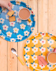 Gorgeous Round Tray Retro Floral Ocean Blue - Enamelhappy