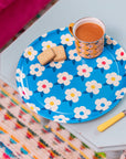 Gorgeous Round Tray Retro Floral Ocean Blue - Enamelhappy