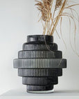 Ribbed Layered Wide Glass Vase-Large-Grey-2