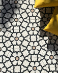 Luxury black cement floor tile with elegant white floral pattern, premium hexagon design for kitchen and bathroom by Maria Starling Design at brixbailey.com