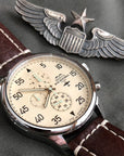 B-25 Mitchell Tribute - Stainless Steel, Polished Finish, Beige Dial, Brown Leather Band with Stitching