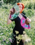Hot pink 'Fuchsia' silk folding hand fan with butterfly and mushroom painted artwork