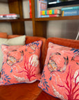 Coral watercolour art Cushion 'Pure shores' double sided design with starfish illustration, made from Vegan friendly Suede