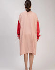 Luxury oversized pleated tunic, upcycled linen in dark pink and light pink, handcrafted with unique embroidery or patch details by Bethikal at brixbailey.com