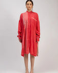 Luxury oversized pleated tunic in dark pink and light pink, upcycled linen, comfortable fit, handcrafted with unique embroidery or patch by Bethikal at brixbailey.com