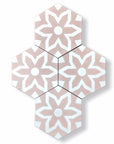 Premium pink hex cement floor tiles, stylish Fleur mosaic-inspired design for bathroom and kitchen walls by Maria Starling Design at brixbailey.com