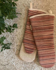 Luxury heavy weight cotton long oven glove, red and natural striped, handcrafted premium gauntlet style, reliable heat protection, UK made by Maison Elhoria at brixbailey.com