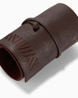Premium brown leather cheese and wine organizer with brass knives, corkscrew, and bottle stopper, luxury gift box by MANTIDY at brixbailey.com