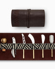 Luxury brown gaucho cheese and wine roll with brass gold knives, genuine cowhide leather, stainless steel corkscrew, gift box by MANTIDY at brixbailey.com