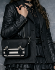 Leather Midi Satchel - Gothic Striped White & Black