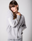 Soft Grey Mix Alpaca Wool Cardigan With Ivory Stitching