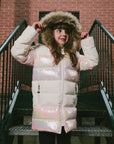 Long Metallic Puffy Winter Coat in White